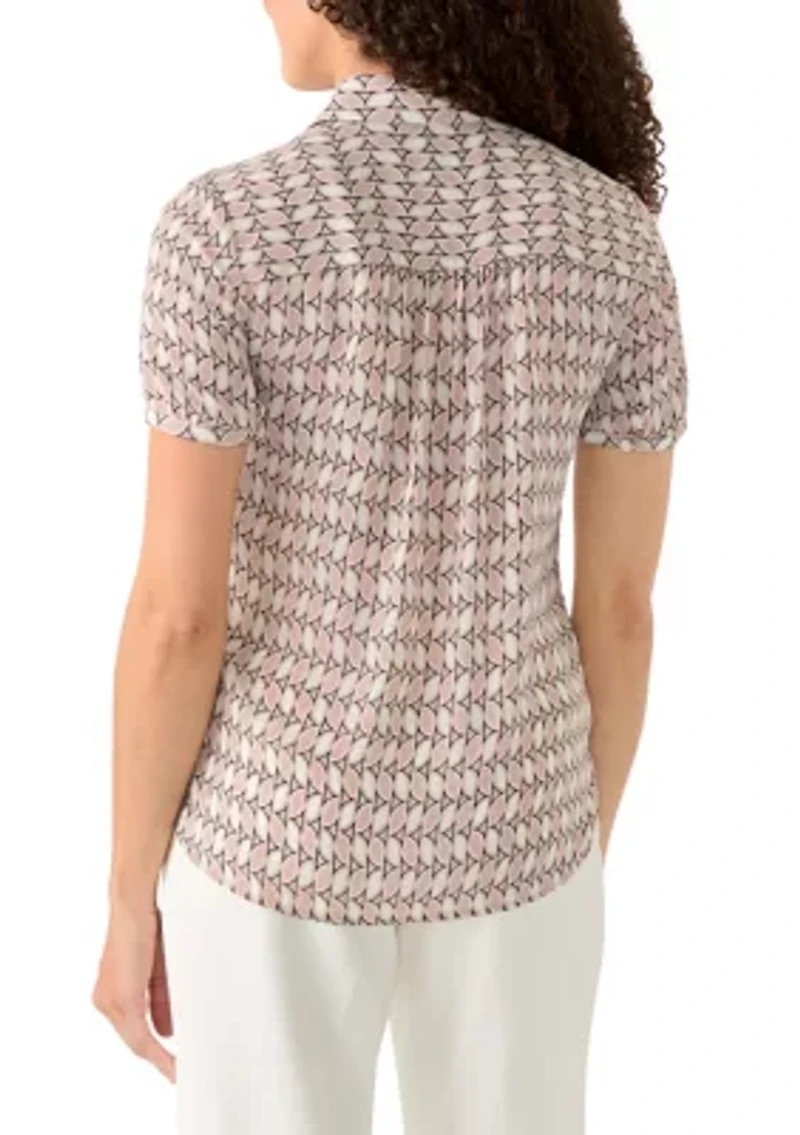 Petite Button Front Shirred Print Blouse