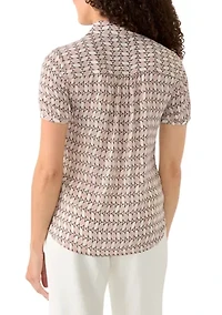 Petite Button Front Shirred Print Blouse