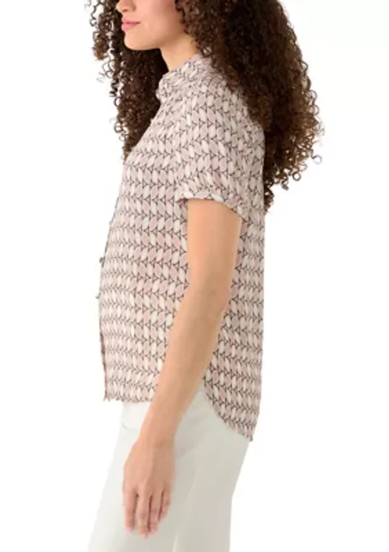 Petite Button Front Shirred Print Blouse