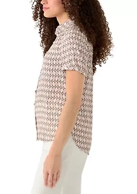 Petite Button Front Shirred Print Blouse