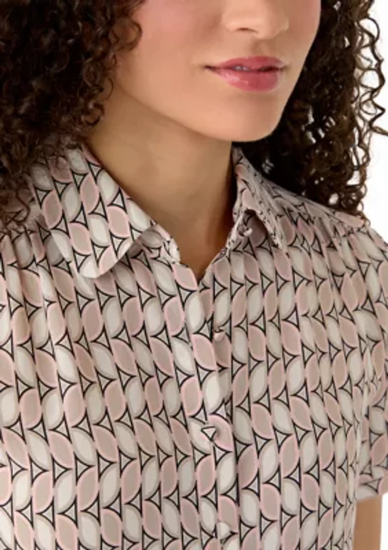 Petite Button Front Shirred Print Blouse