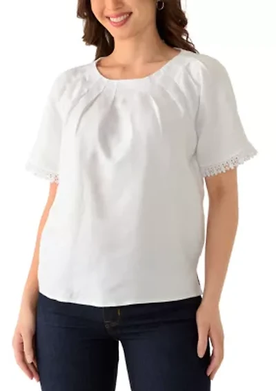 Petite Short Sleeve Pleated Neck Blouse