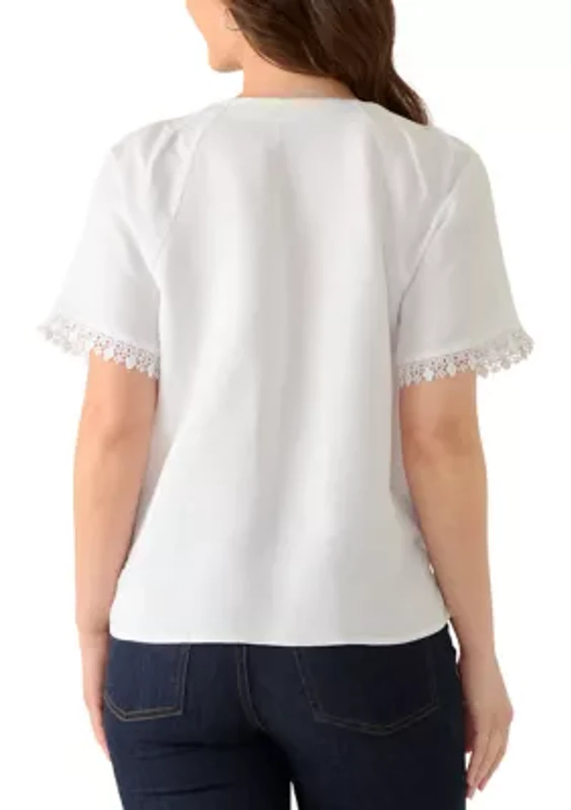 Petite Short Sleeve Pleated Neck Blouse