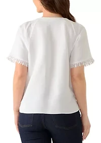 Petite Short Sleeve Pleated Neck Blouse