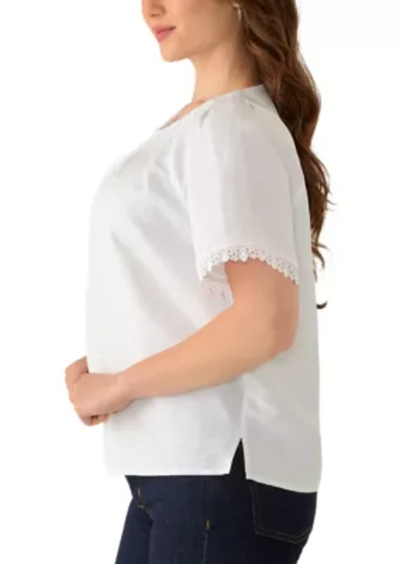 Petite Short Sleeve Pleated Neck Blouse