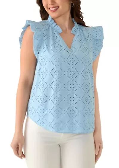 Petite Flutter Sleeve Eyelet Blouse