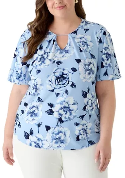Plus Pleated Neck Bell Sleeve Top
