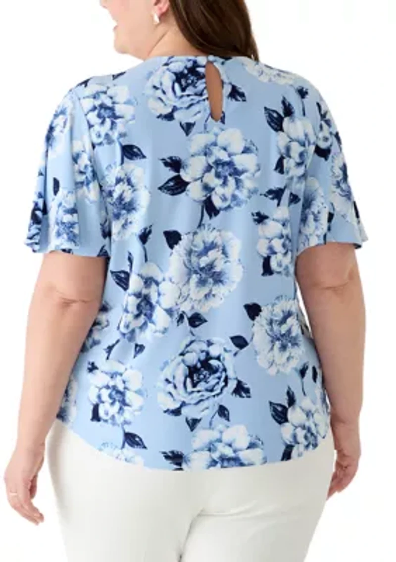 Plus Pleated Neck Bell Sleeve Top