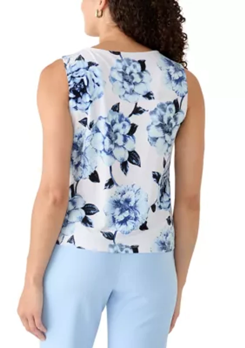 Petite Sleeveless Asymmetrical Pleated Neck Top