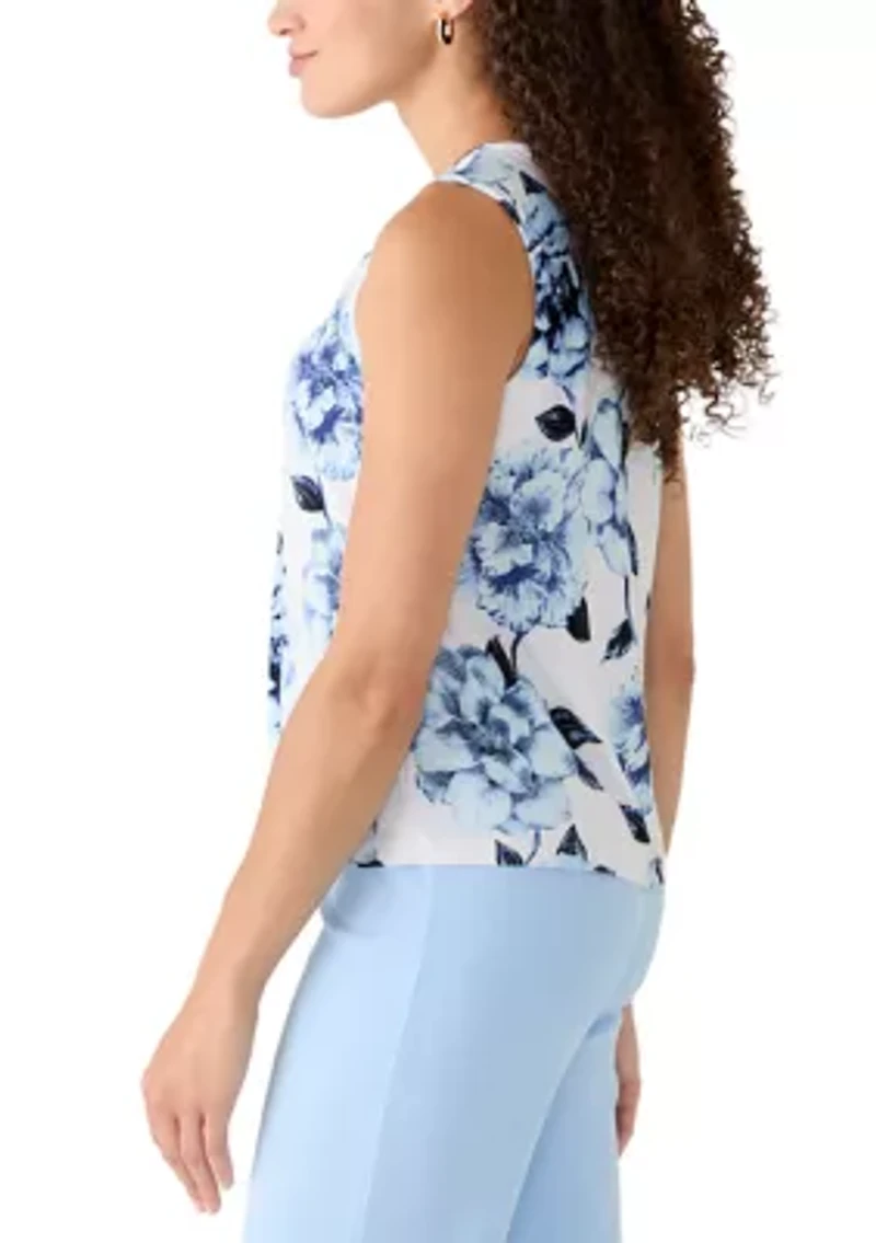 Petite Sleeveless Asymmetrical Pleated Neck Top