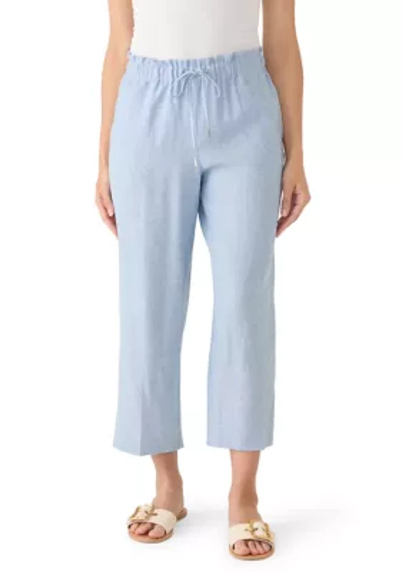 Petite Pull On Drawstring Linen Wide Leg Cropped Pants