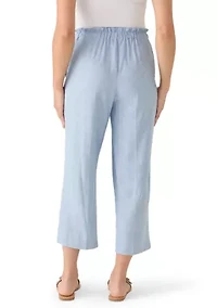 Petite Pull On Drawstring Linen Wide Leg Cropped Pants
