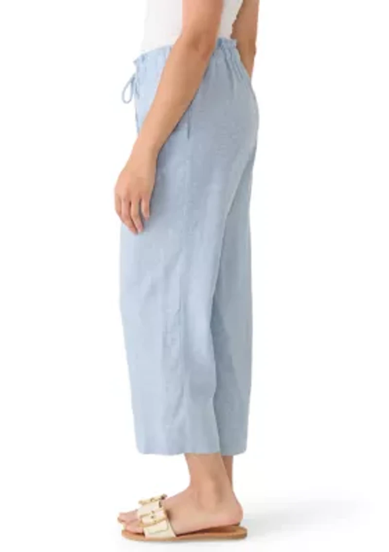Petite Pull On Drawstring Linen Wide Leg Cropped Pants