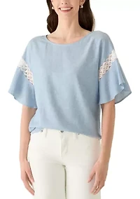 Women's Flutter Sleeve Boat Neck Blouse with Lace Trim