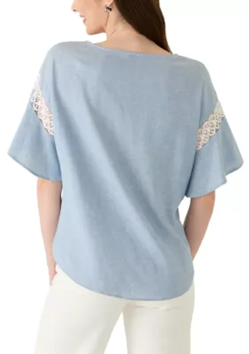 Women's Flutter Sleeve Boat Neck Blouse with Lace Trim