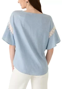 Women's Flutter Sleeve Boat Neck Blouse with Lace Trim