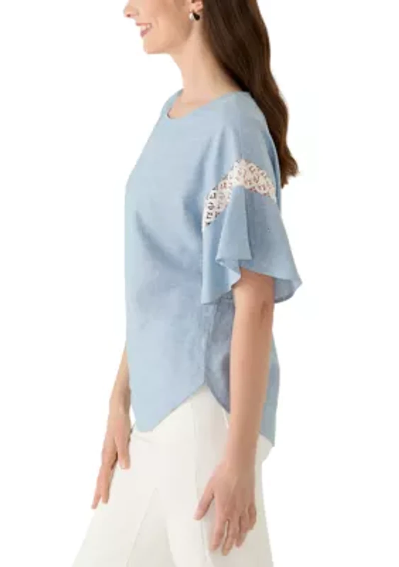 Women's Flutter Sleeve Boat Neck Blouse with Lace Trim