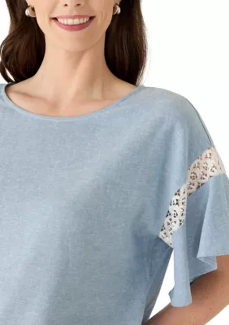 Women's Flutter Sleeve Boat Neck Blouse with Lace Trim