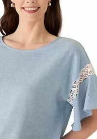 Women's Flutter Sleeve Boat Neck Blouse with Lace Trim