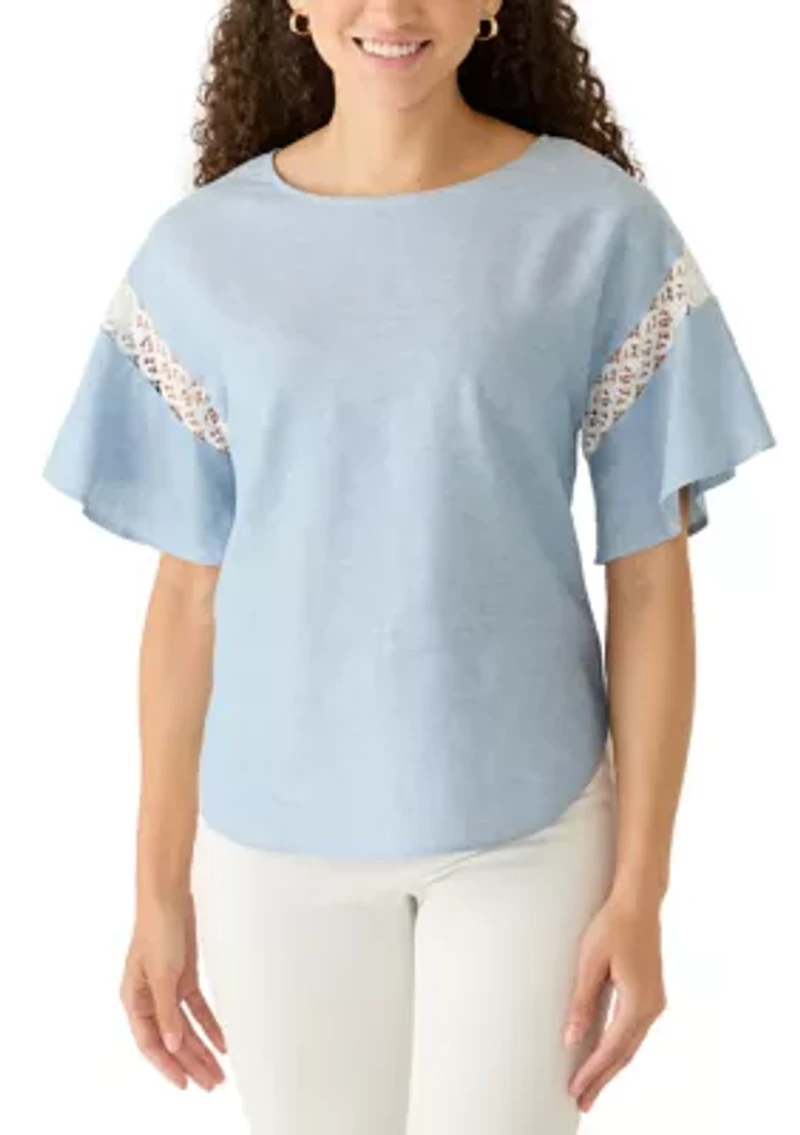 Petite Flutter Sleeve Boat Neck Blouse with Lace Trim