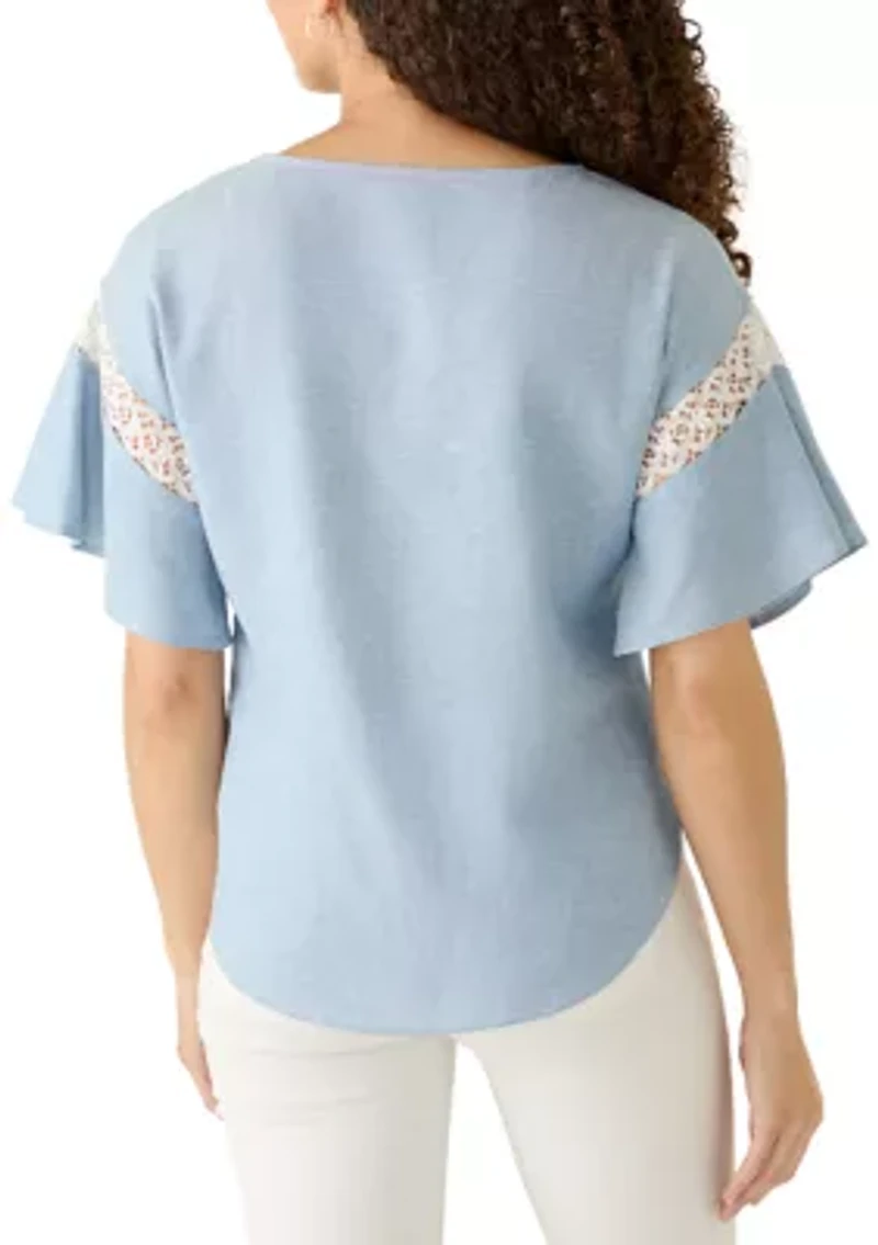 Petite Flutter Sleeve Boat Neck Blouse with Lace Trim