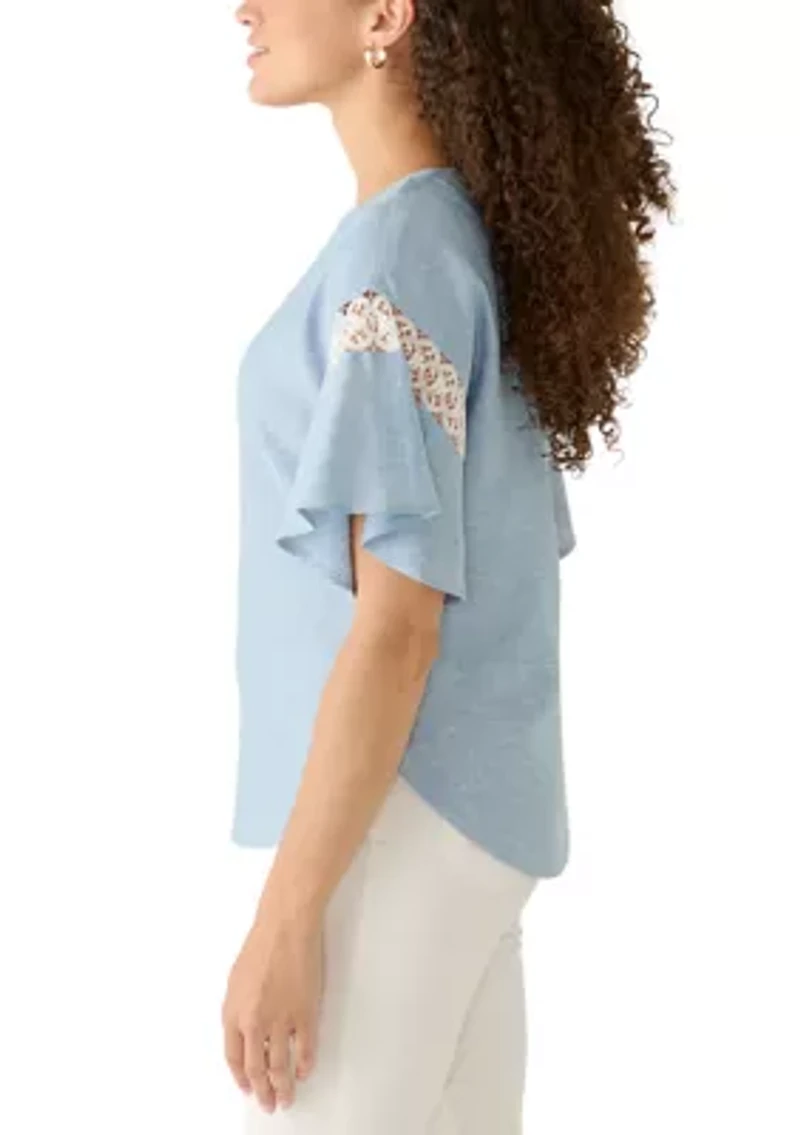 Petite Flutter Sleeve Boat Neck Blouse with Lace Trim