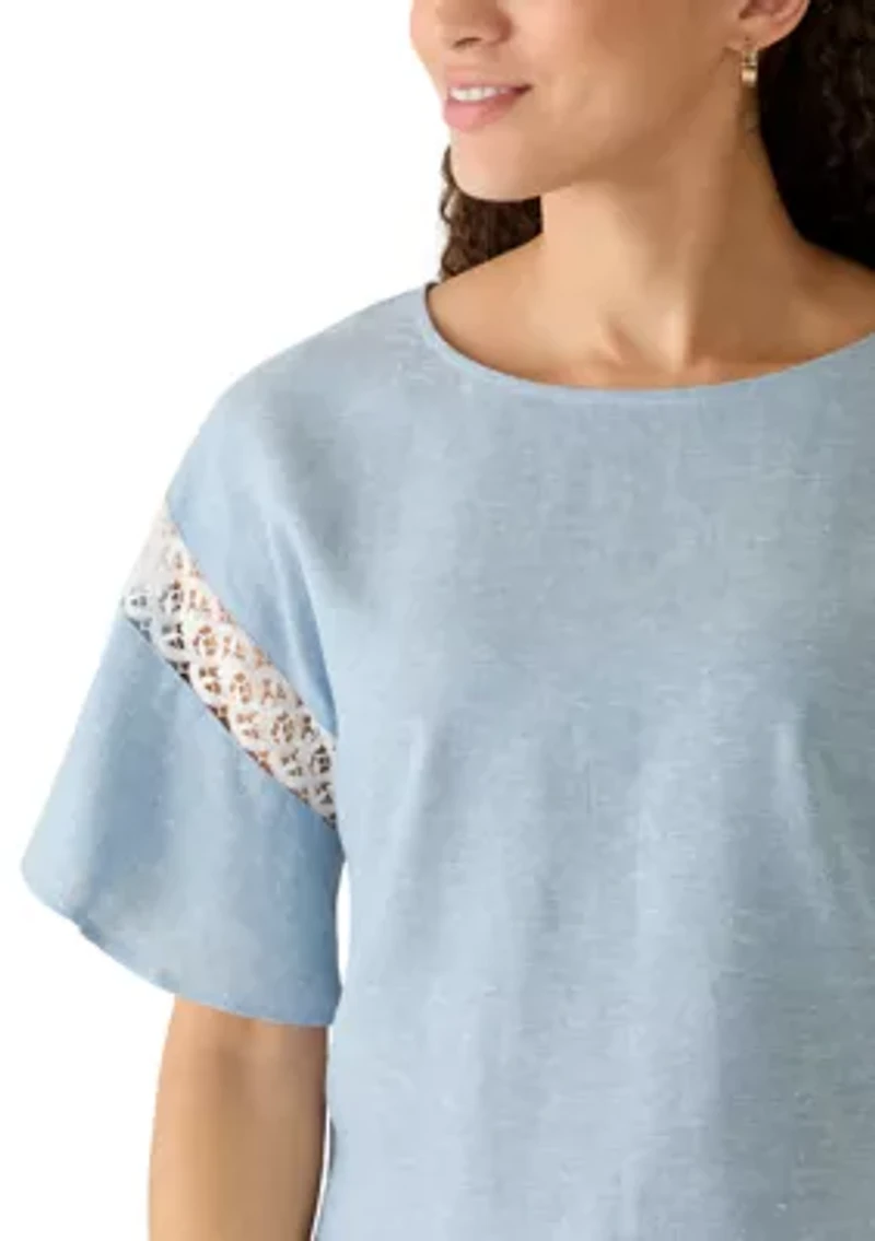 Petite Flutter Sleeve Boat Neck Blouse with Lace Trim