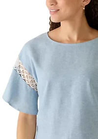 Petite Flutter Sleeve Boat Neck Blouse with Lace Trim