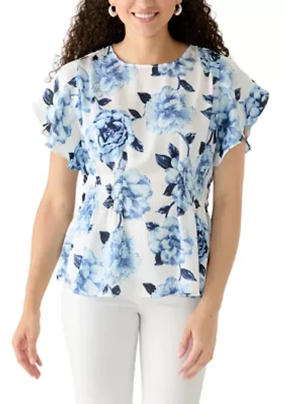 Petite Smocked Waist Flutter Sleeve Blouse