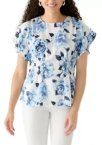 Petite Smocked Waist Flutter Sleeve Blouse