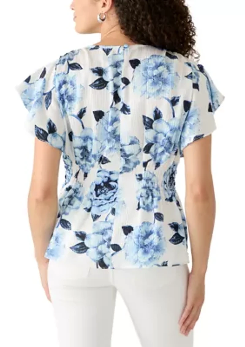 Petite Smocked Waist Flutter Sleeve Blouse