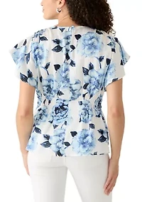 Petite Smocked Waist Flutter Sleeve Blouse