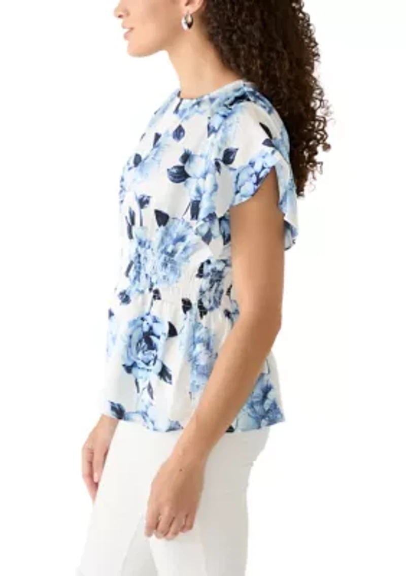 Petite Smocked Waist Flutter Sleeve Blouse