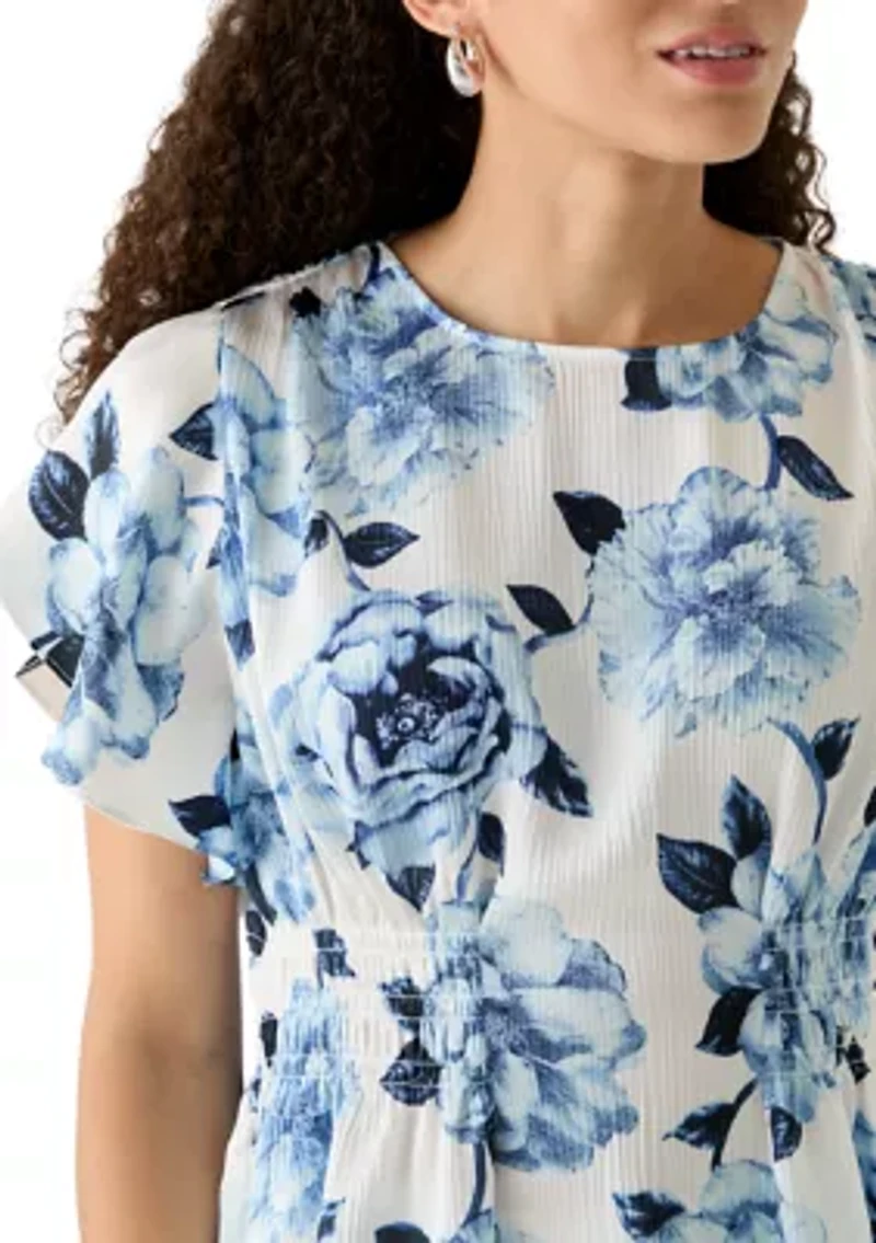 Petite Smocked Waist Flutter Sleeve Blouse