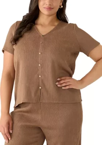 Plus V-Neck Button Up Crinkle Knit Top