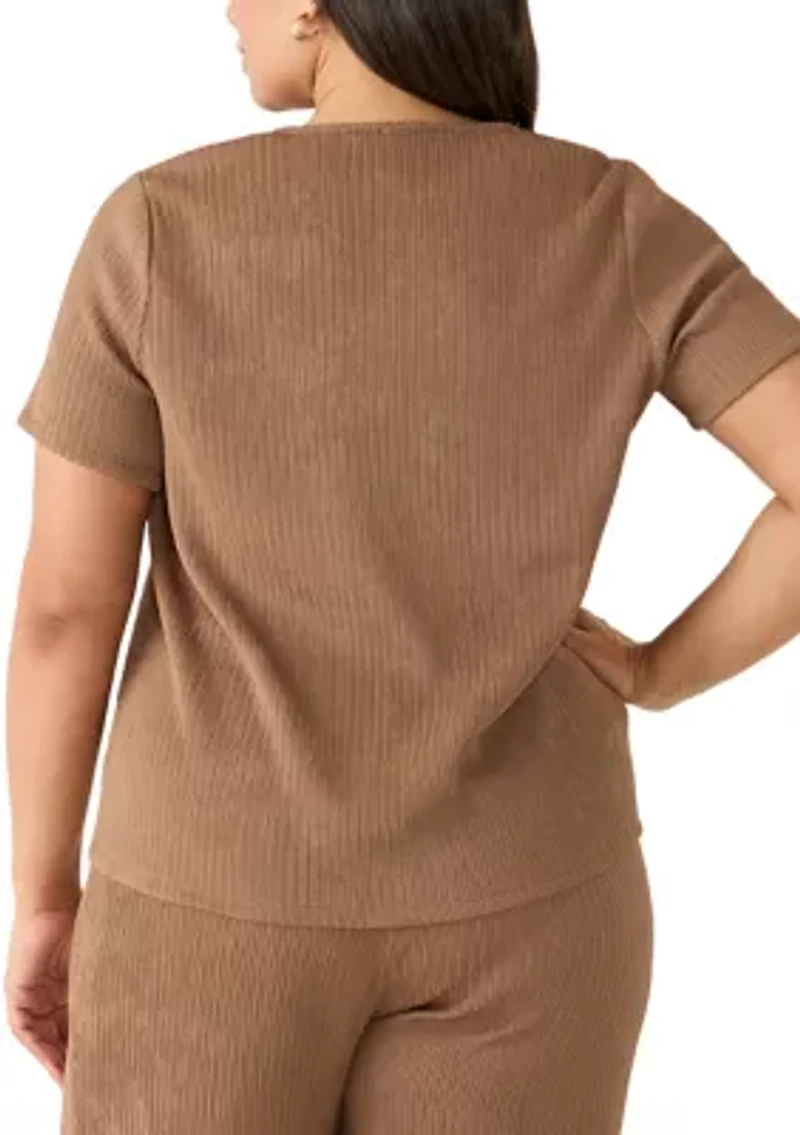Plus V-Neck Button Up Crinkle Knit Top