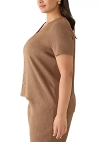 Plus V-Neck Button Up Crinkle Knit Top