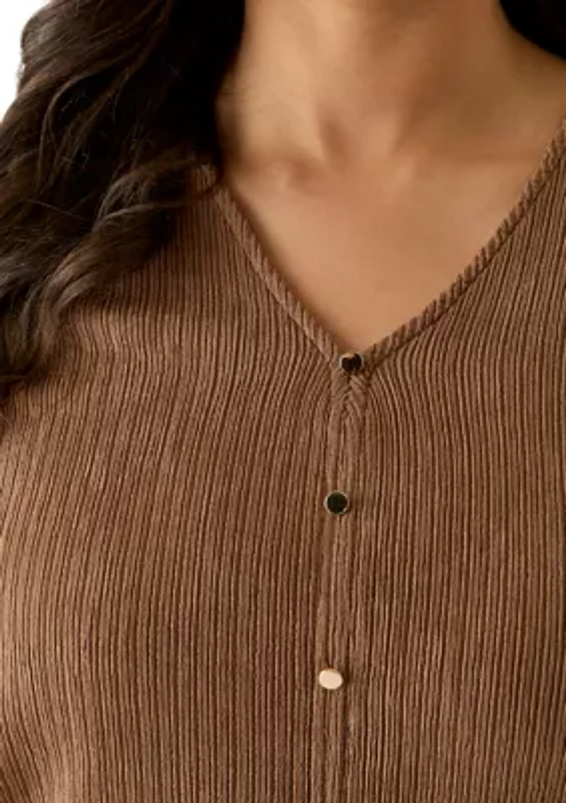Plus V-Neck Button Up Crinkle Knit Top