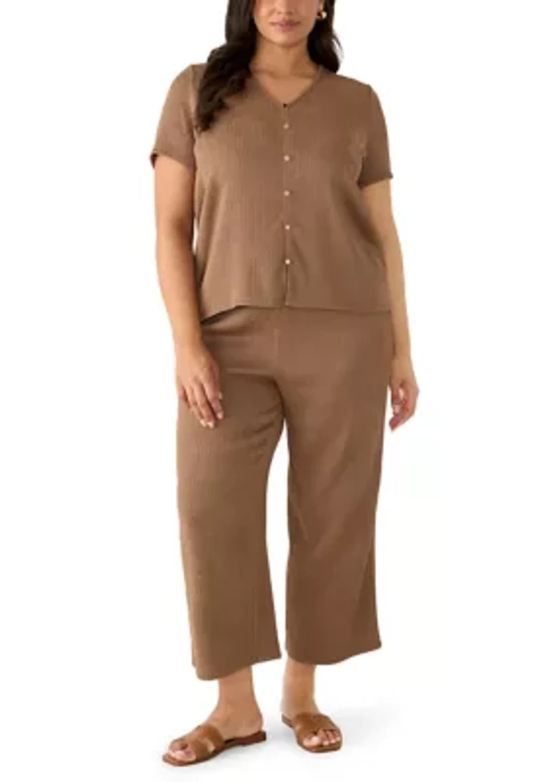 Plus V-Neck Button Up Crinkle Knit Top