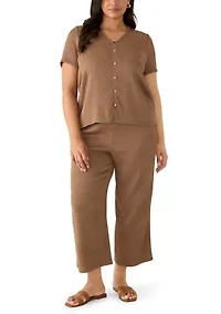Plus V-Neck Button Up Crinkle Knit Top