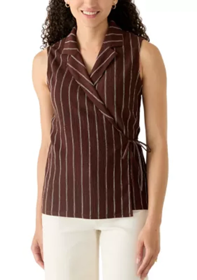 Petite Sleeveless Notch Neck Wrap Pinstripe Top