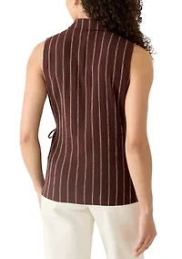 Petite Sleeveless Notch Neck Wrap Pinstripe Top