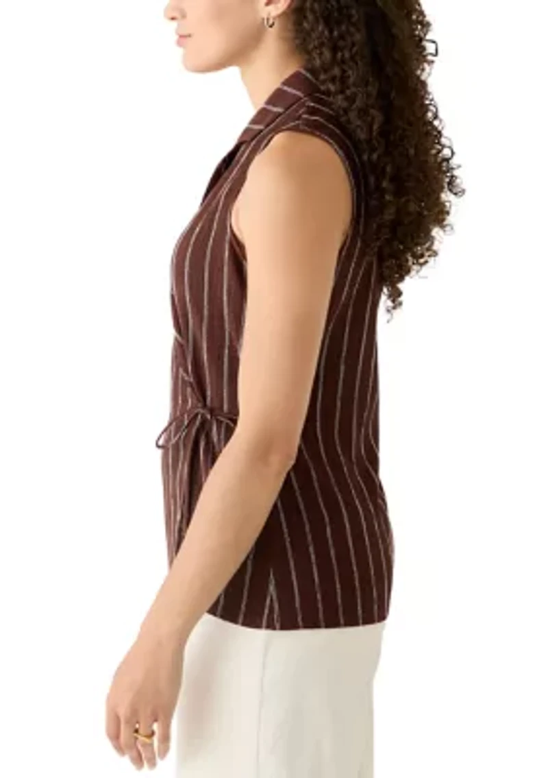 Petite Sleeveless Notch Neck Wrap Pinstripe Top