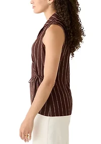 Petite Sleeveless Notch Neck Wrap Pinstripe Top