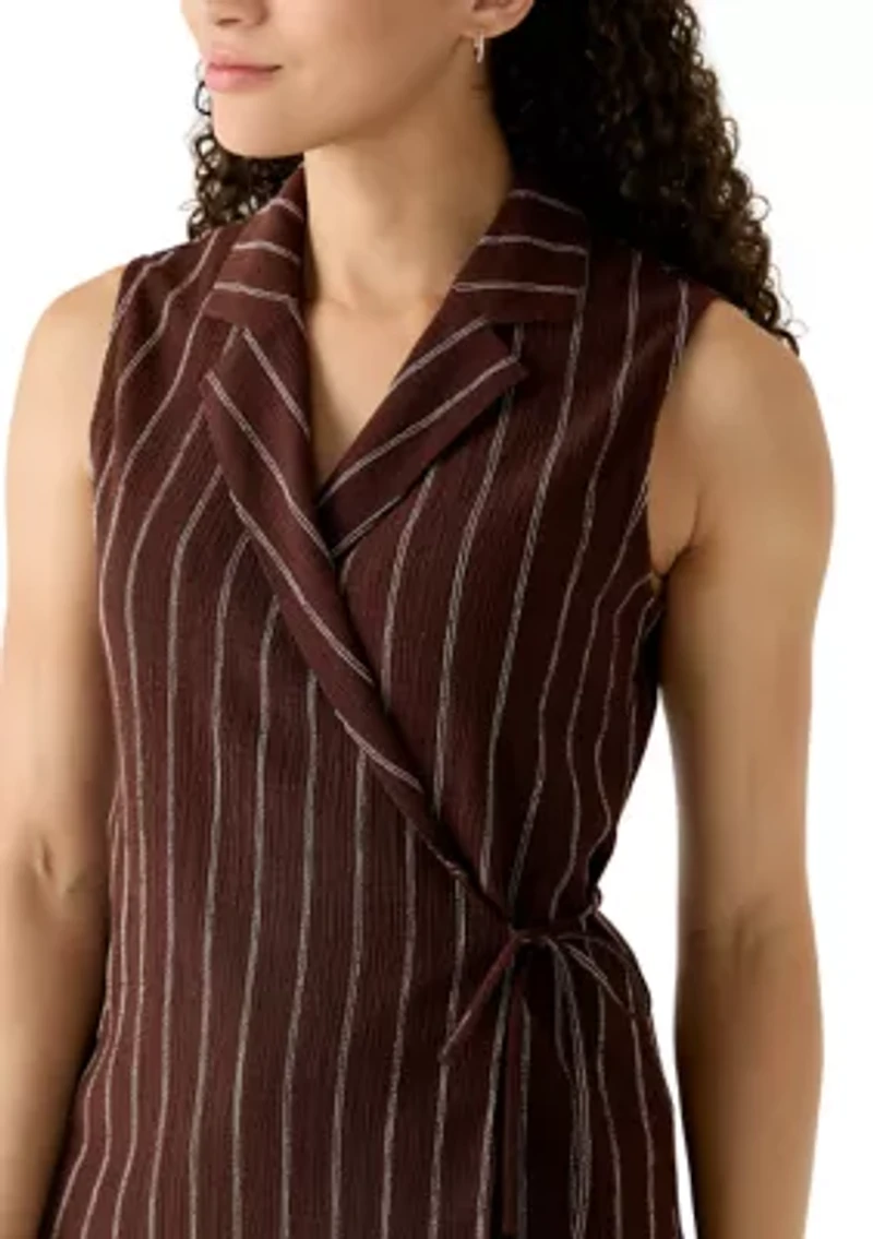 Petite Sleeveless Notch Neck Wrap Pinstripe Top
