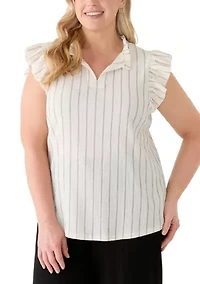 Plus Flutter Sleeve Pinstripe Textured Knit Blouse
