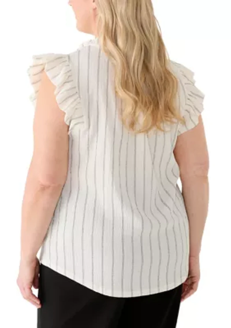 Plus Flutter Sleeve Pinstripe Textured Knit Blouse