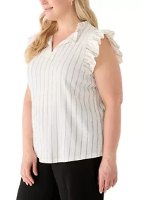 Plus Flutter Sleeve Pinstripe Textured Knit Blouse