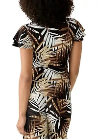 Women's Leopard Print Wrap Dress With Flutter Sleeve