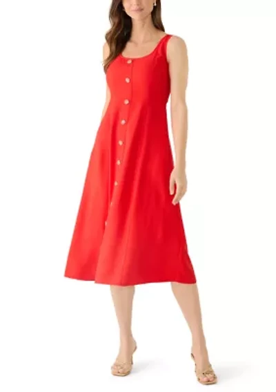 Petite Sleeveless Square Neck Button Front A-Line Midi Dress